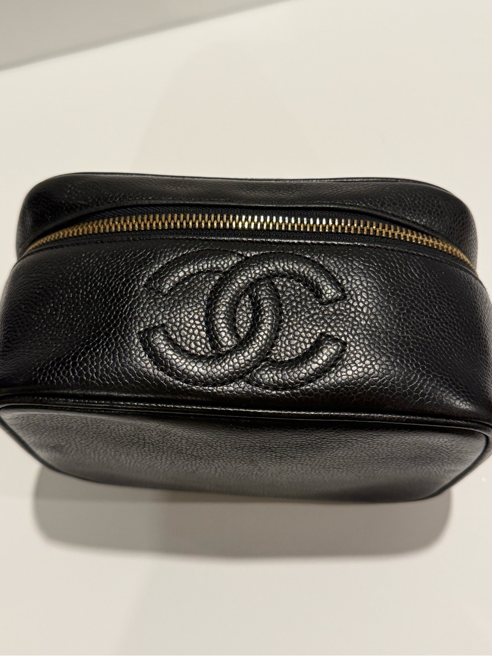 CHANEL Black Caviar Leather CC Embossed Cosmetic Pouch with Gold Zipper